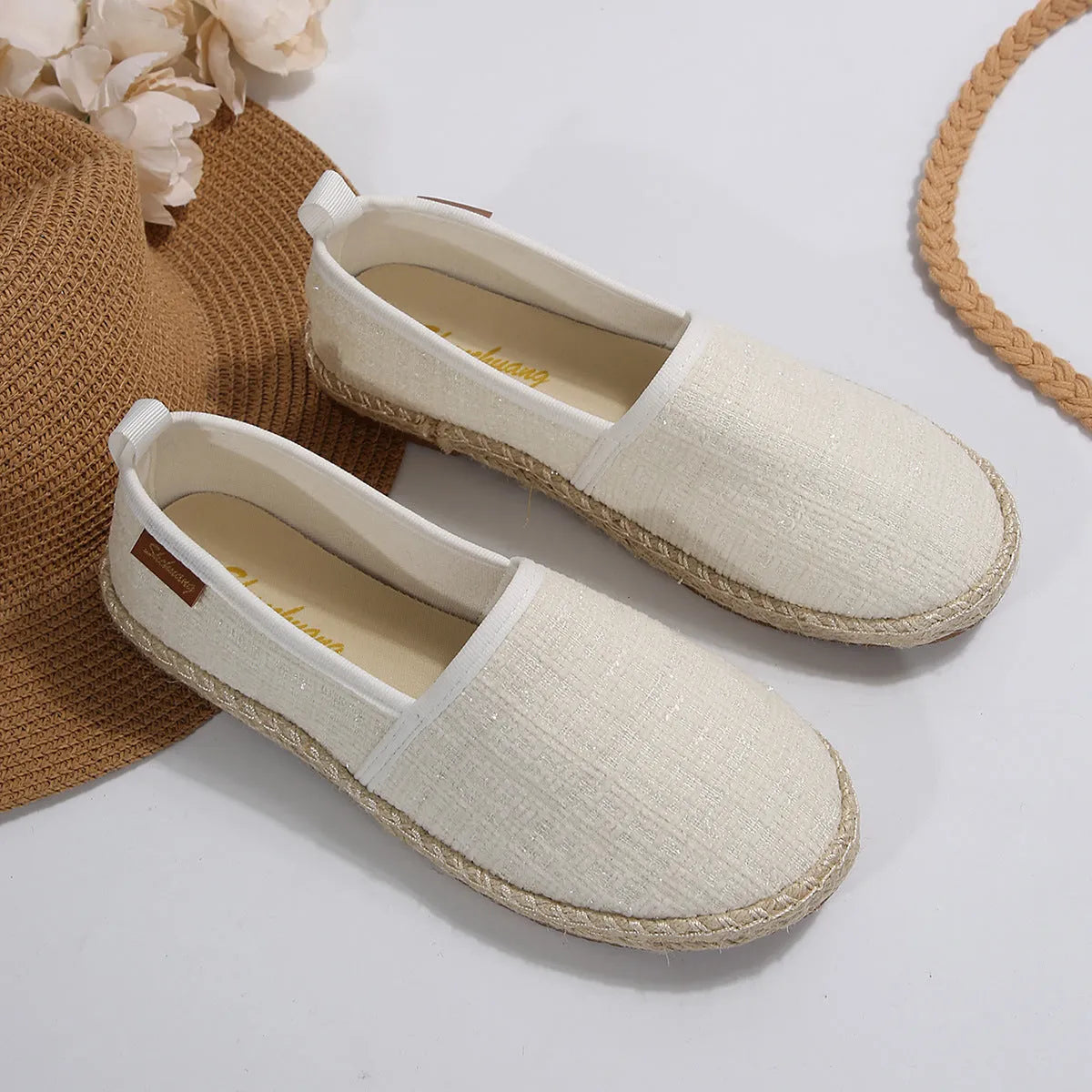 Canvas fisherman shoes with rope soles in black, white and milky white colours with flat heel round toe design