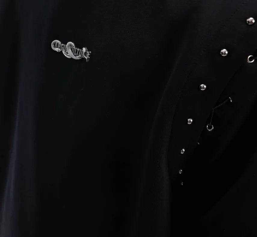 Women's black short sleeve T-shirt with lace-up cutout deconstruction style detail