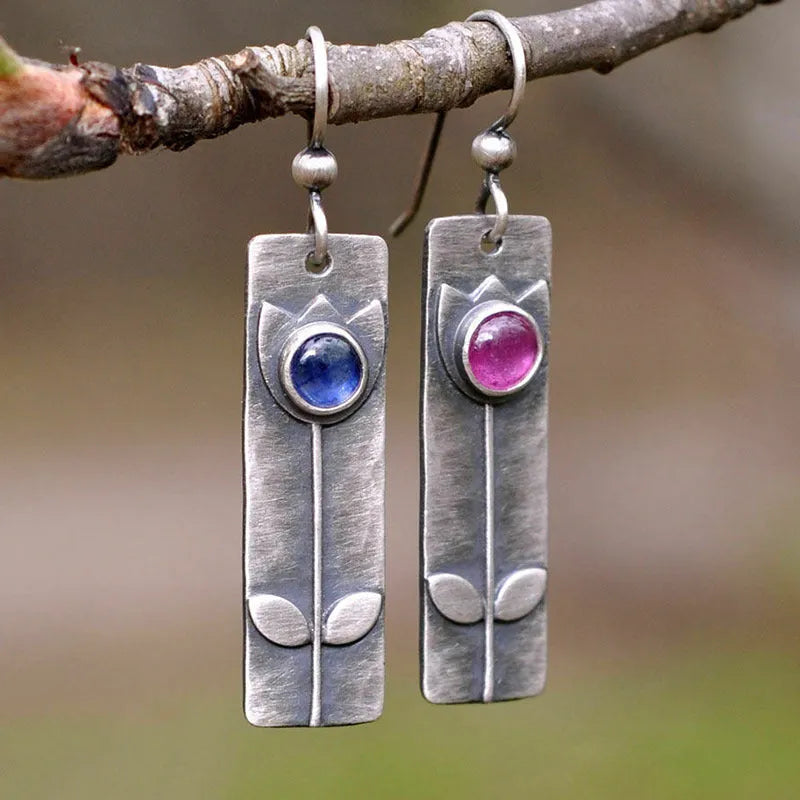 Antique finish red sapphire geometric earrings with ellipse shape for women