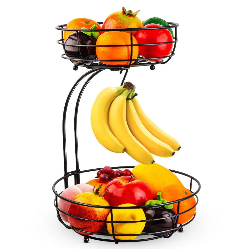 Black double-layer wrought iron fruit basket with two storage tiers