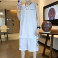 Men's basketball sports suit set showing sleeveless vest and matching shorts in polyester fabric
