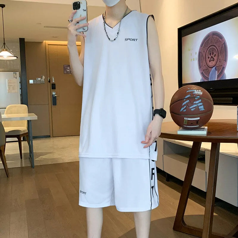 Men's basketball sports suit set showing sleeveless vest and matching shorts in polyester fabric