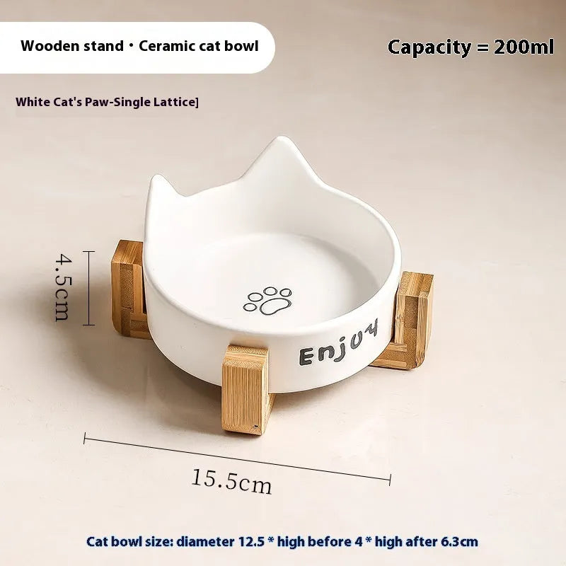 Porcelain cat food and water bowl set with wooden anti-tumble frame in various colours