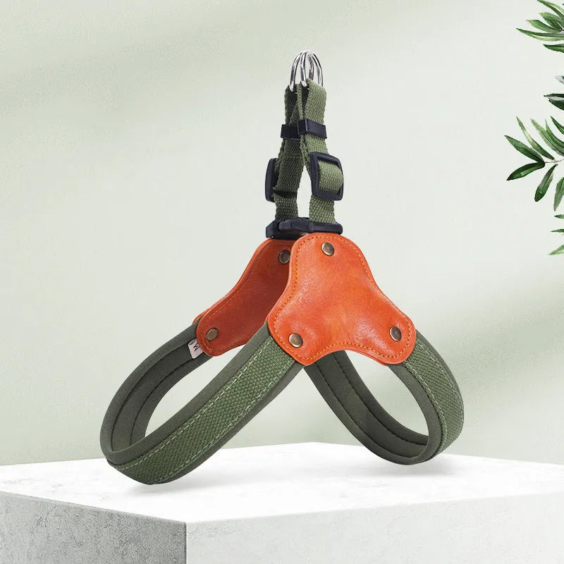 Y-shaped anti-escape dog harness in military green polyester with adjustable straps for small to large dogs