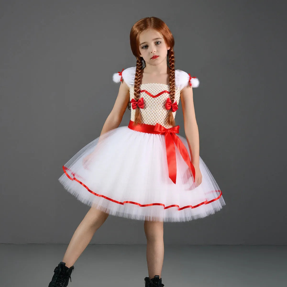 Children's Halloween Costume Dress Ghost Doll White Cosplay Skirt Princess Dress with Bow Hair Clips for Girls Ages 2-12 Years Nylon and Polyester Fabric Sizes S to XXL Solid Colour European and American Style