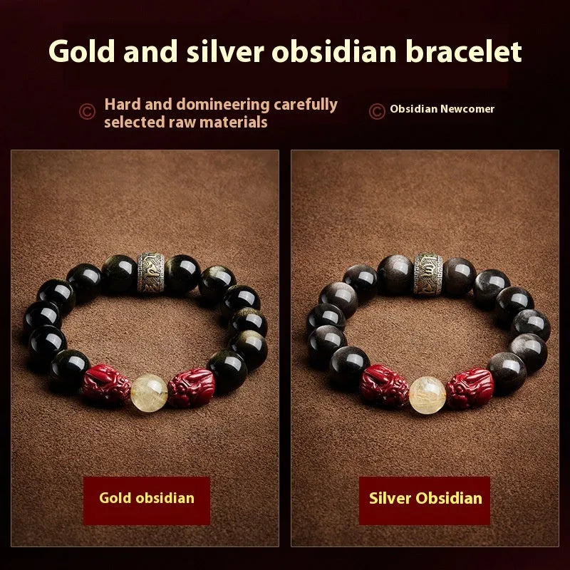 Natural cinnabar bead bracelet with a carved gold or silver animal charm in a gift box.