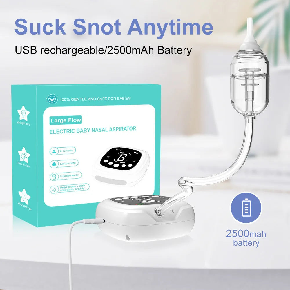 White plastic electric nasal aspirator with catheter tip for baby nasal cavity cleaning