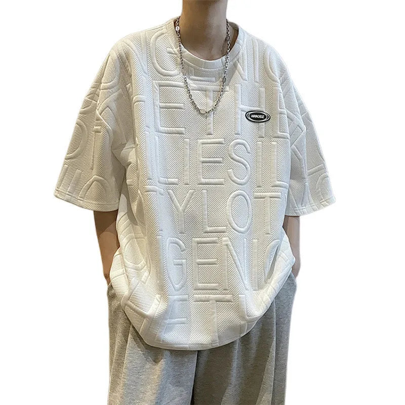 Men's grey retro loose fit t-shirt with three-dimensional letter print short sleeves