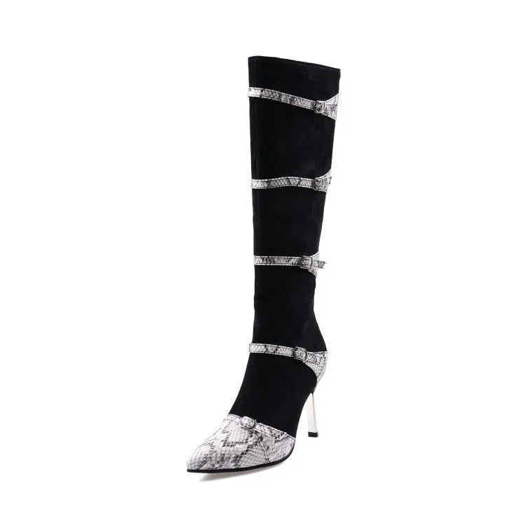 Grey and black women's knee-high boots with a thin 9cm high heel and a 33cm shaft.