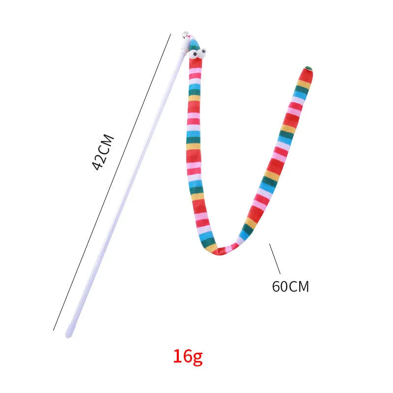 Cat wand toy with polycarbonate wand and long plush strip in vibrant colours for interactive play