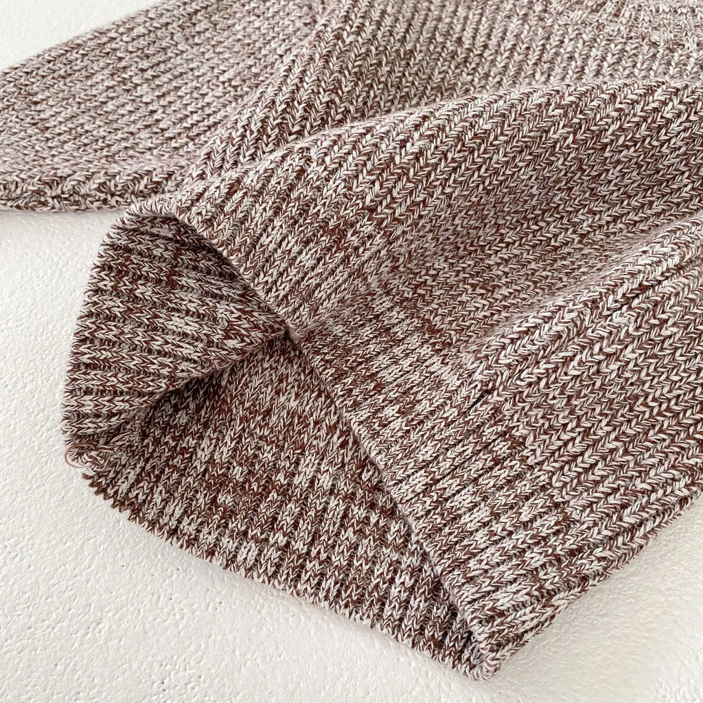 Dark brown cotton knitted three-piece set for infant girl with fur ball hat