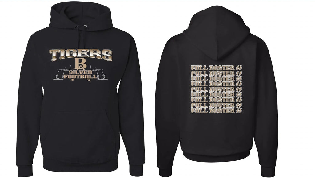 Black men's drop-shoulder hoodie laid flat, showing relaxed sleeve design and pullover style.
