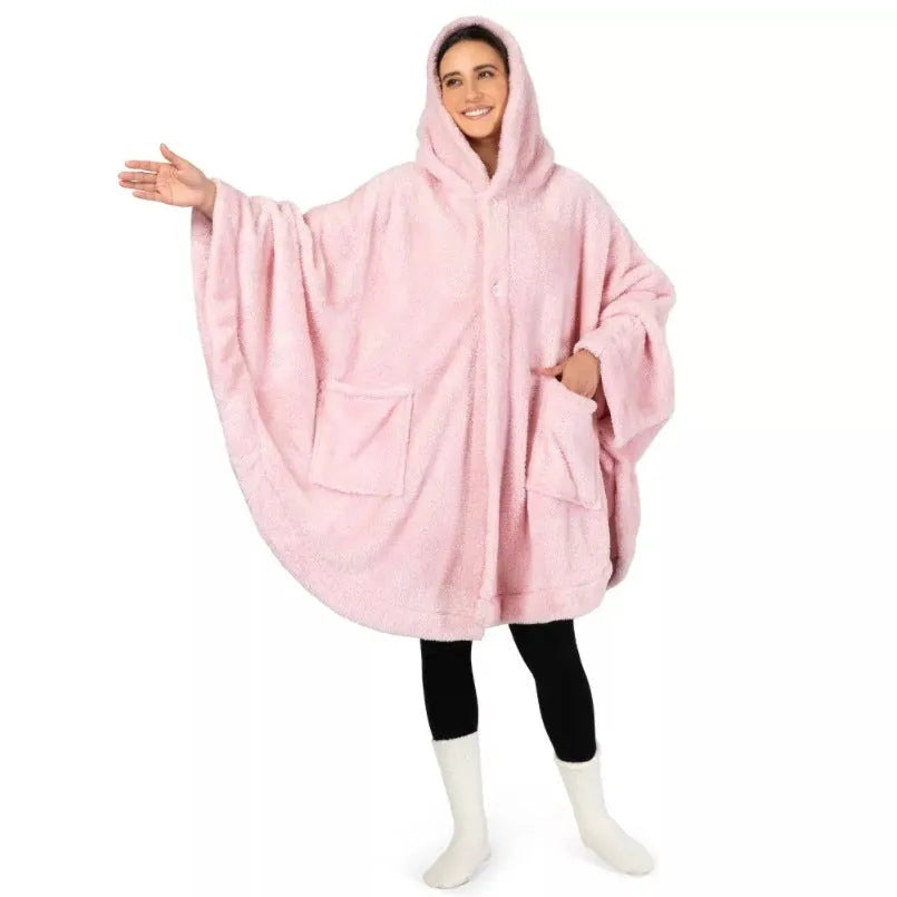 A thick, hooded, long-sleeve bathrobe in a solid colour, shown on a hanger.