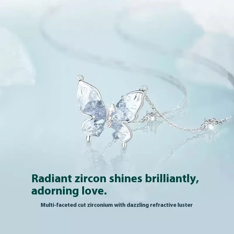 Bingyu Butterfly necklace in S925 silver with adjustable O-ring chain and detailed ice rain pendant.