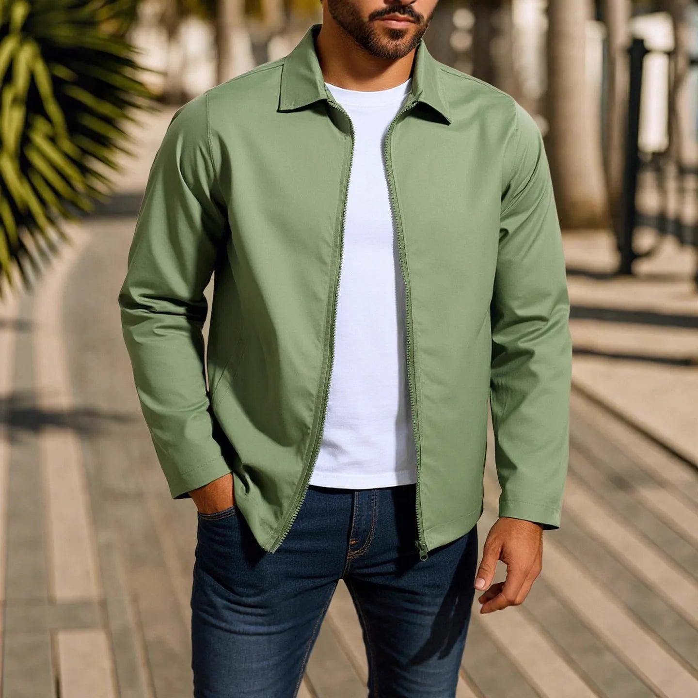 Men's zip-front cardigan jacket in a polyester blend with raglan sleeves, shown in emerald green.