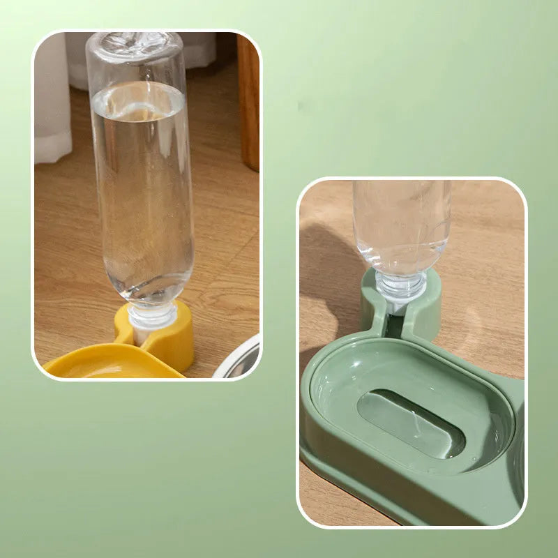 Raised cat feeder bowl with attached water bottle dispenser in green colour