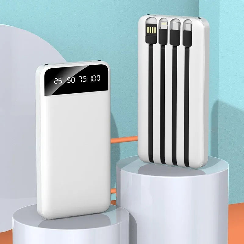 20000 mAh power bank with charging cable showing compact 140 x 71 x 17 mm dimensions and plastic shell construction