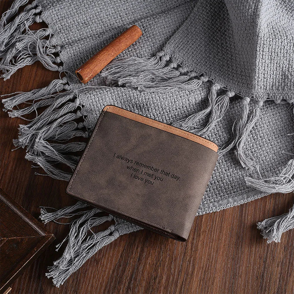 Coffee coloured horizontal PU leather men's wallet with a space for personalised photo engraving.