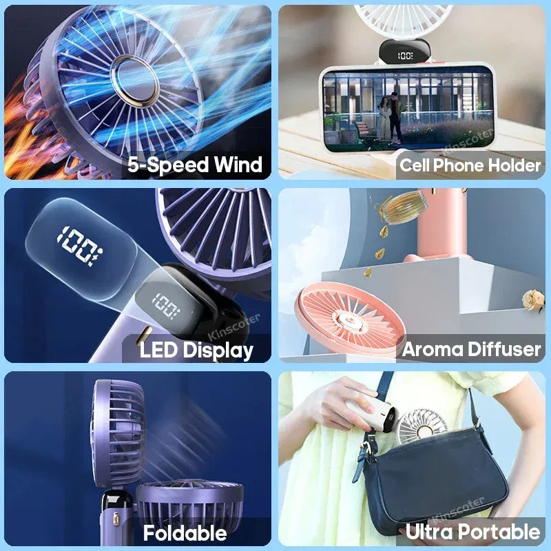 Foldable USB rechargeable portable fan showing handheld, desktop and neck-worn configurations with LED battery display
