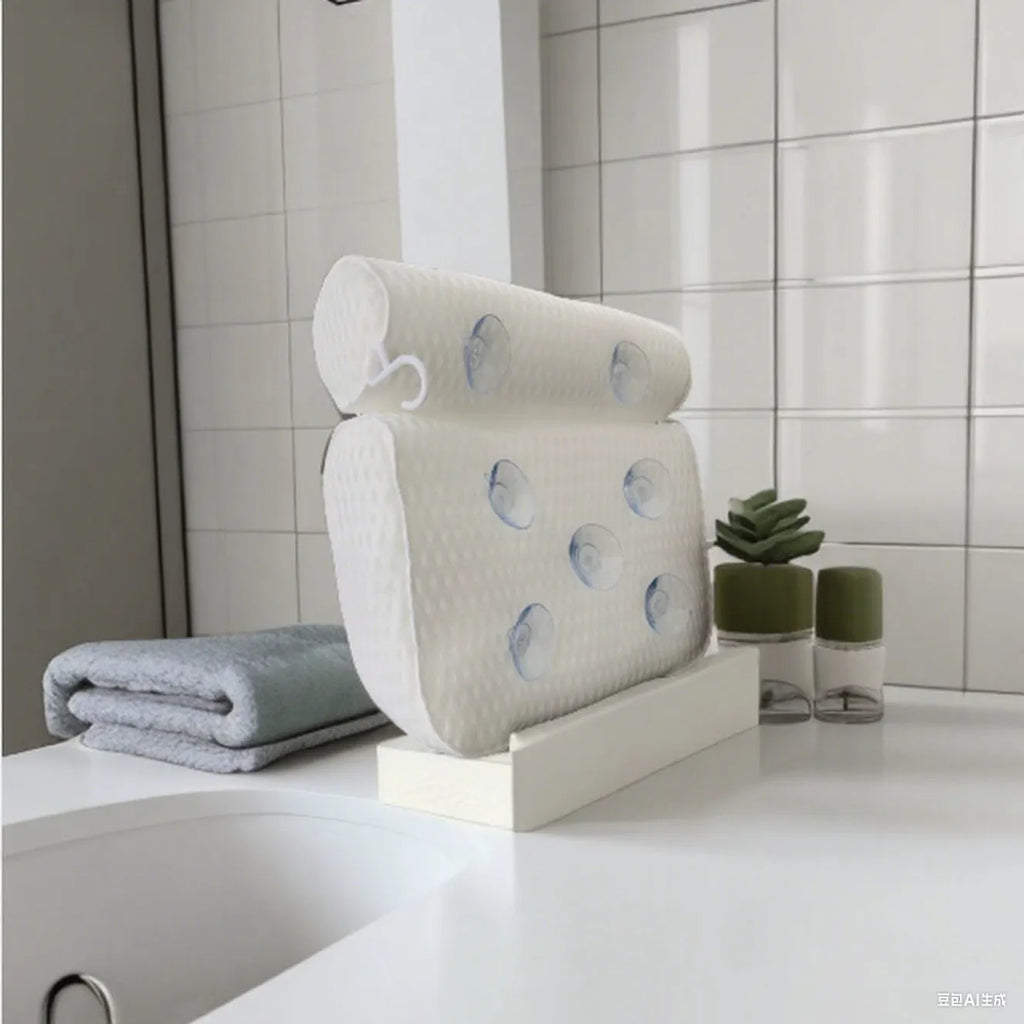 White bath pillow with suction cups on 3D mesh material for bathtub use