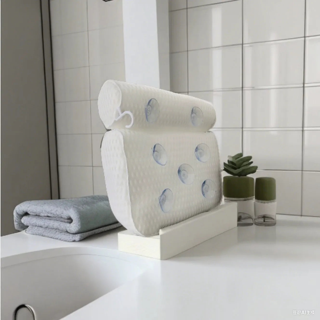 White bath pillow with suction cups on 3D mesh material for bathtub use