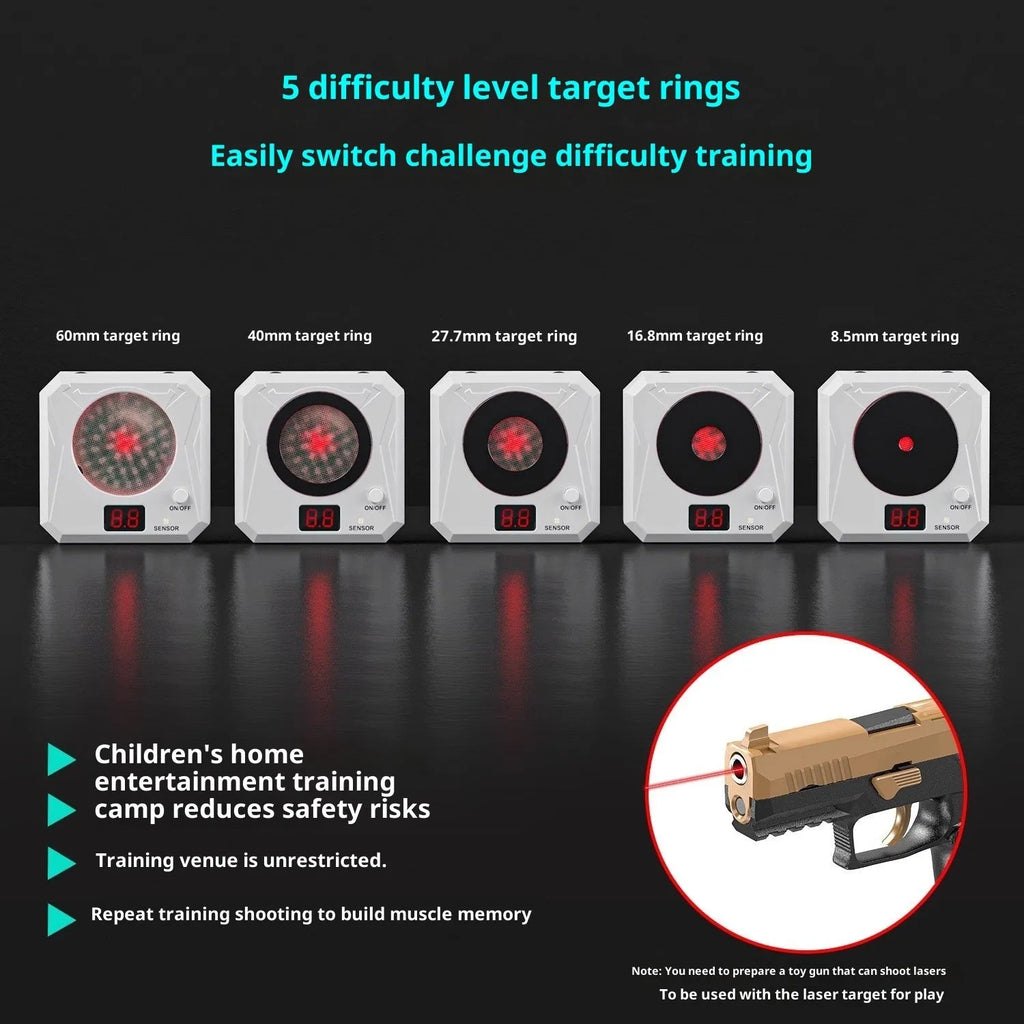 Infrared laser counting dry fire training target with ABS housing, magnetic plate, and Type-C cable on table