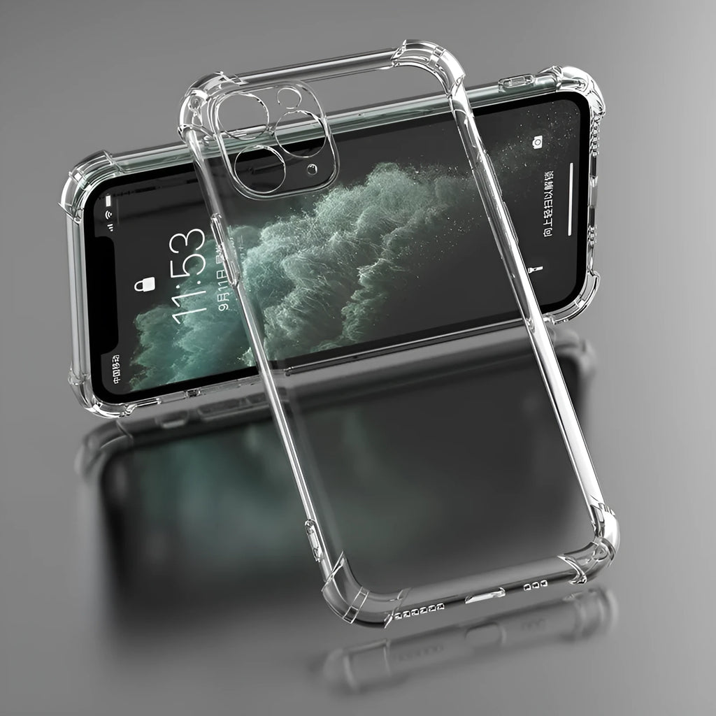 Clear transparent TPU shockproof phone case for Apple iPhone showing back and side protection