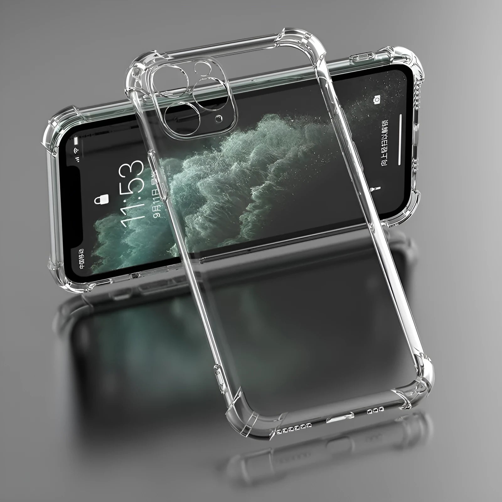 Clear transparent TPU shockproof phone case for Apple iPhone showing back and side protection