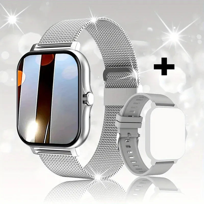 A smart watch with a large 144-inch touch screen and a silicone strap, shown on a wrist.