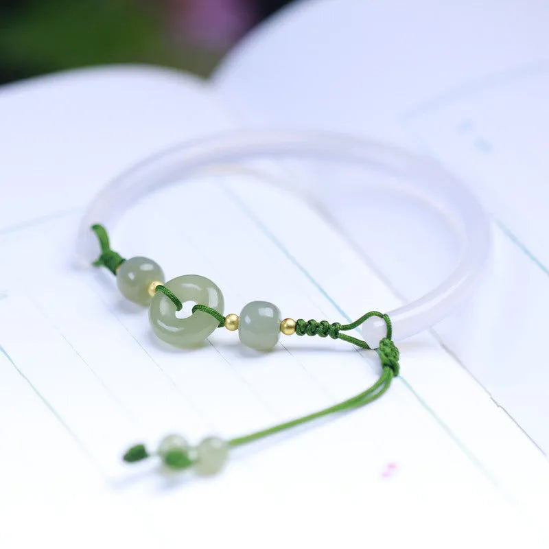 Hand-woven white agate bracelet with Hetian jade beads and peace buckle closure