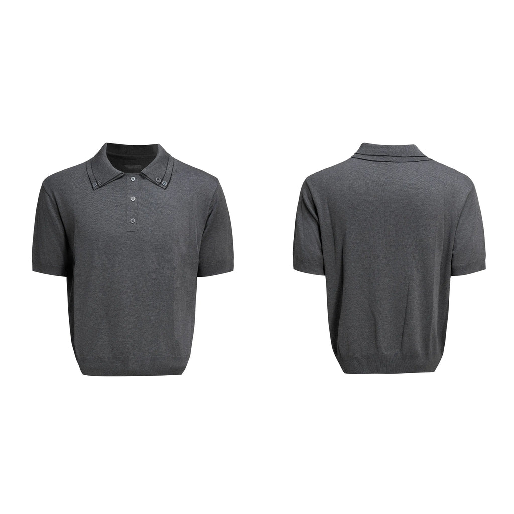 Men's double collar short sleeve polyester shirt in loose fit showing lapel detail