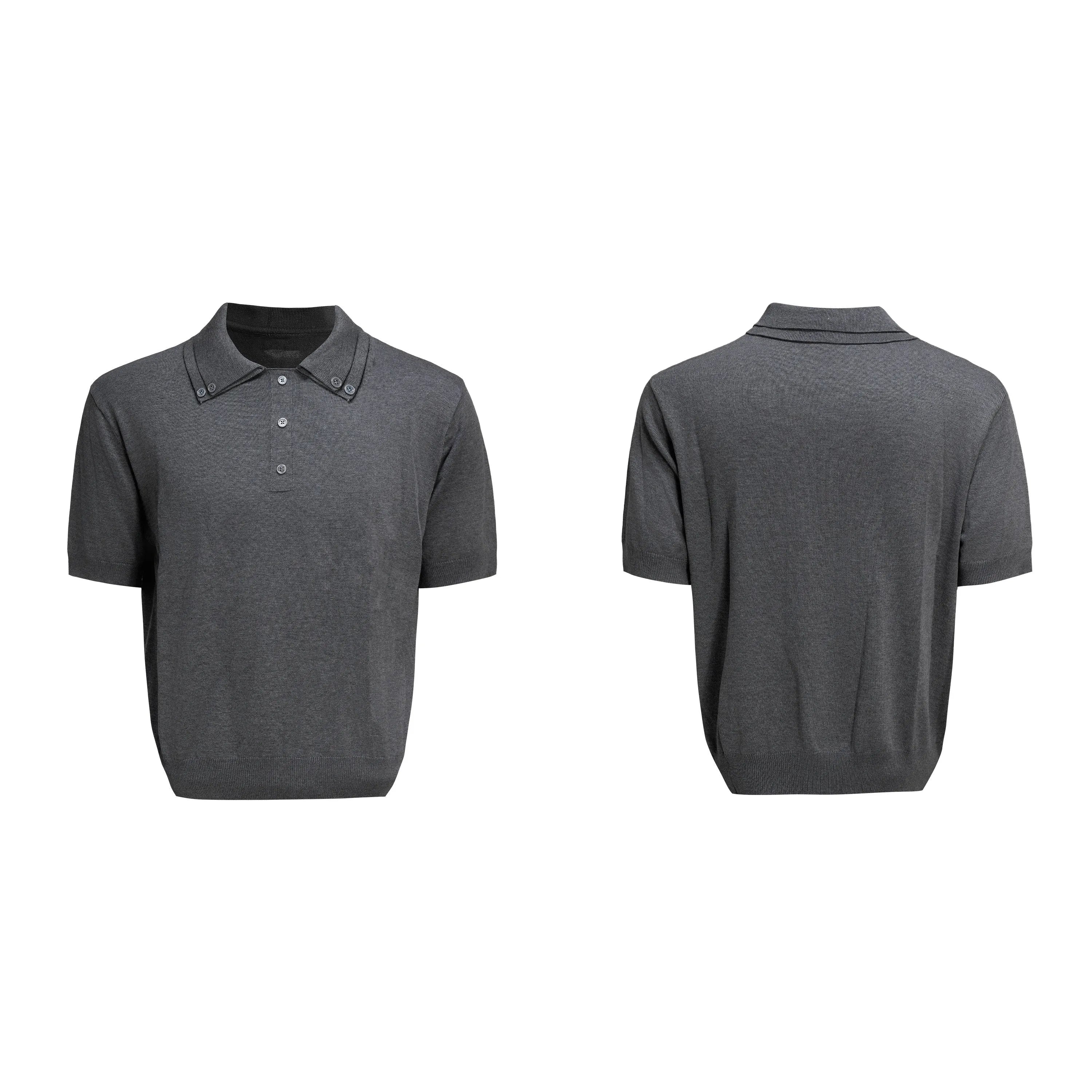 Men's double collar short sleeve polyester shirt in loose fit showing lapel detail
