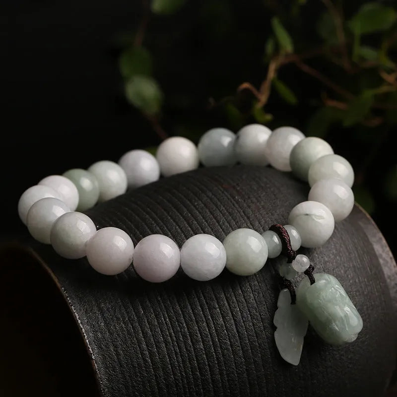 Natural jade Buddhist prayer bracelet with geometric beads and hanging charm pendant