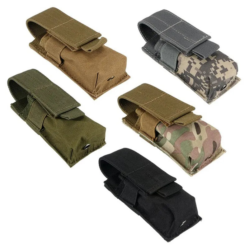 Black 600D nylon MOLLE tactical pouch with elastic cord closure for flashlights on a vest.