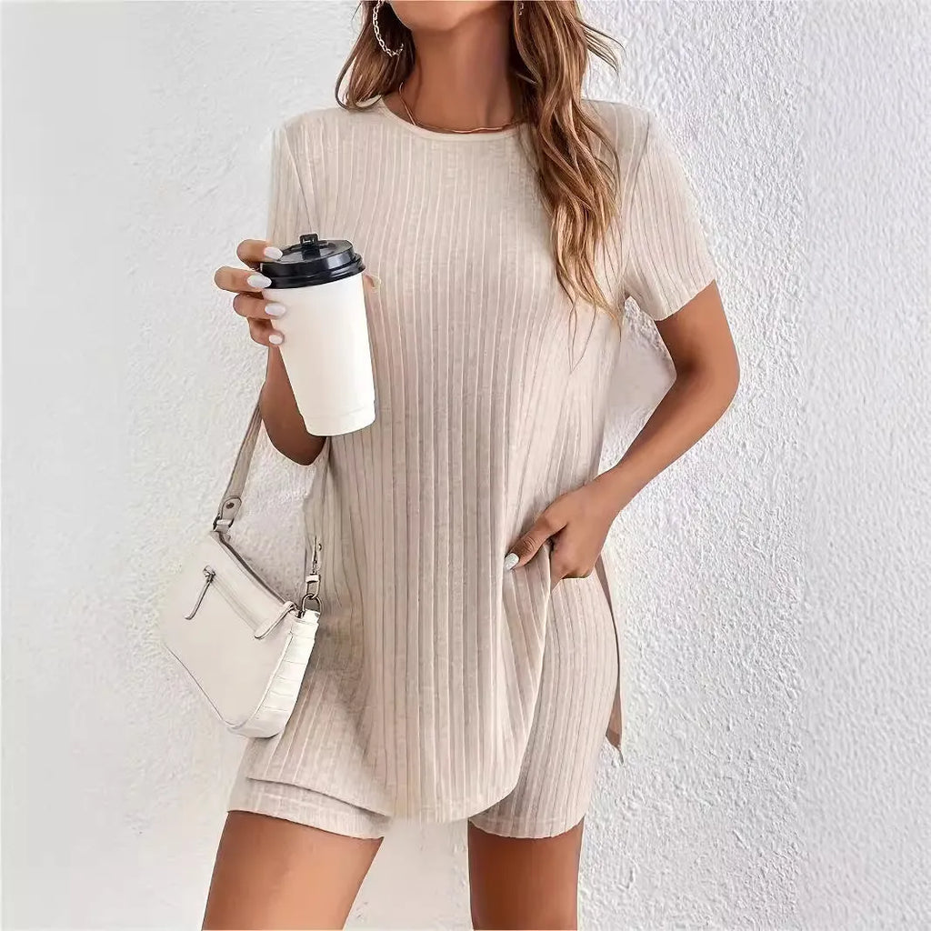 Women's cotton crew neck shorts suit in black, grey or khaki with ribbed detailing