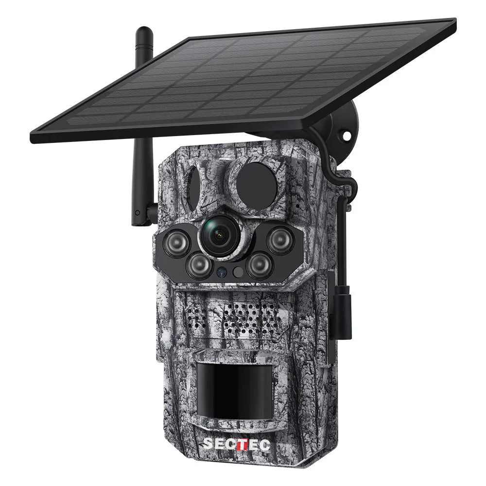 4G solar hunting camera with GPS positioning, IP65 waterproof housing, and 3MP 2K resolution lens mounted on a tree
