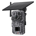 4G solar hunting camera with GPS positioning, IP65 waterproof housing, and 3MP 2K resolution lens mounted on a tree