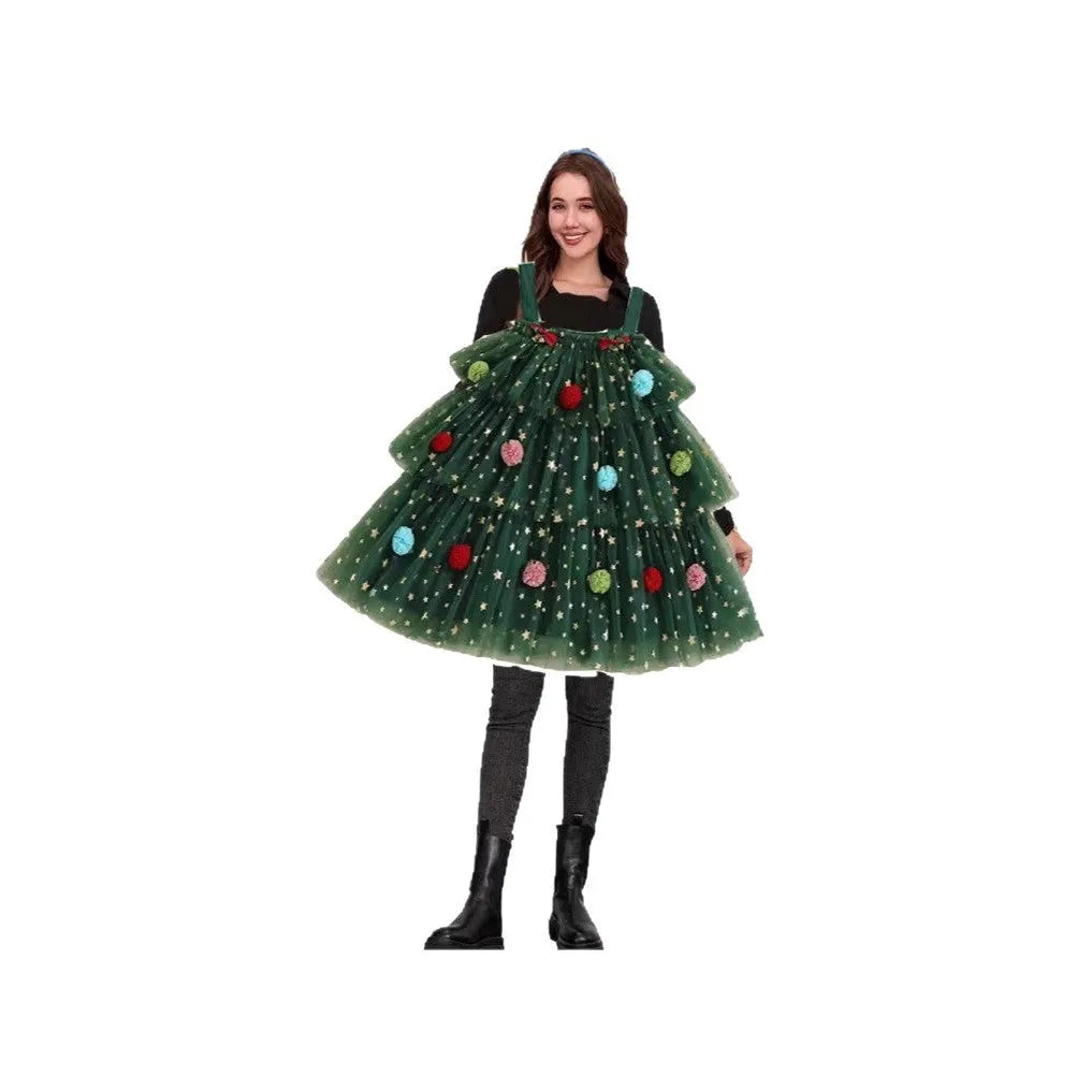 Green mesh polka dot colourful ball decorative multi-layer tiered dress with sleeveless suspender skirt design