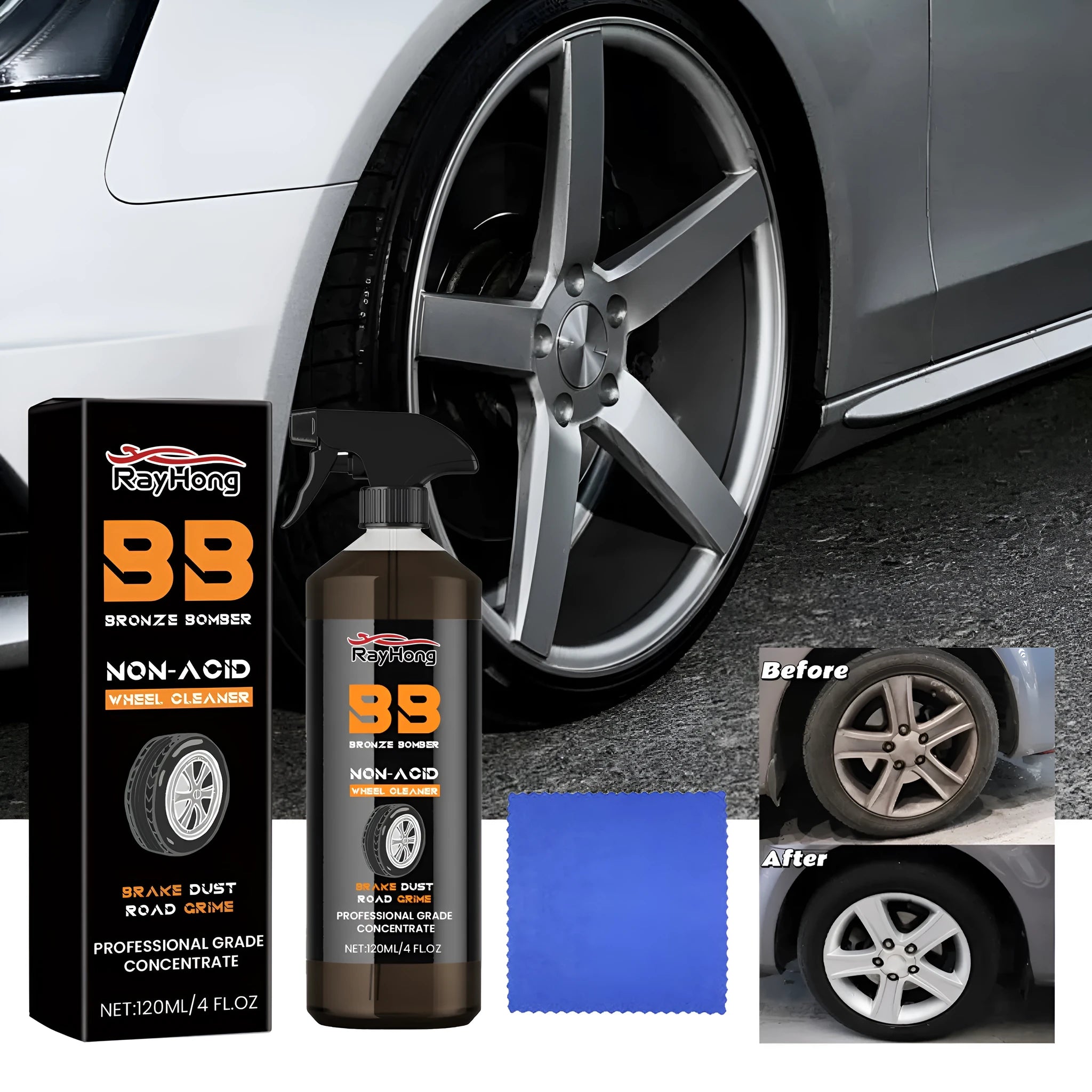Car tyre cleaner kit with cleaning solution bottle and microfiber towel for alloy wheels