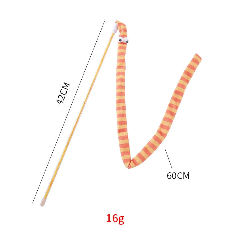 Cat wand toy with polycarbonate wand and long plush strip in vibrant colours for interactive play