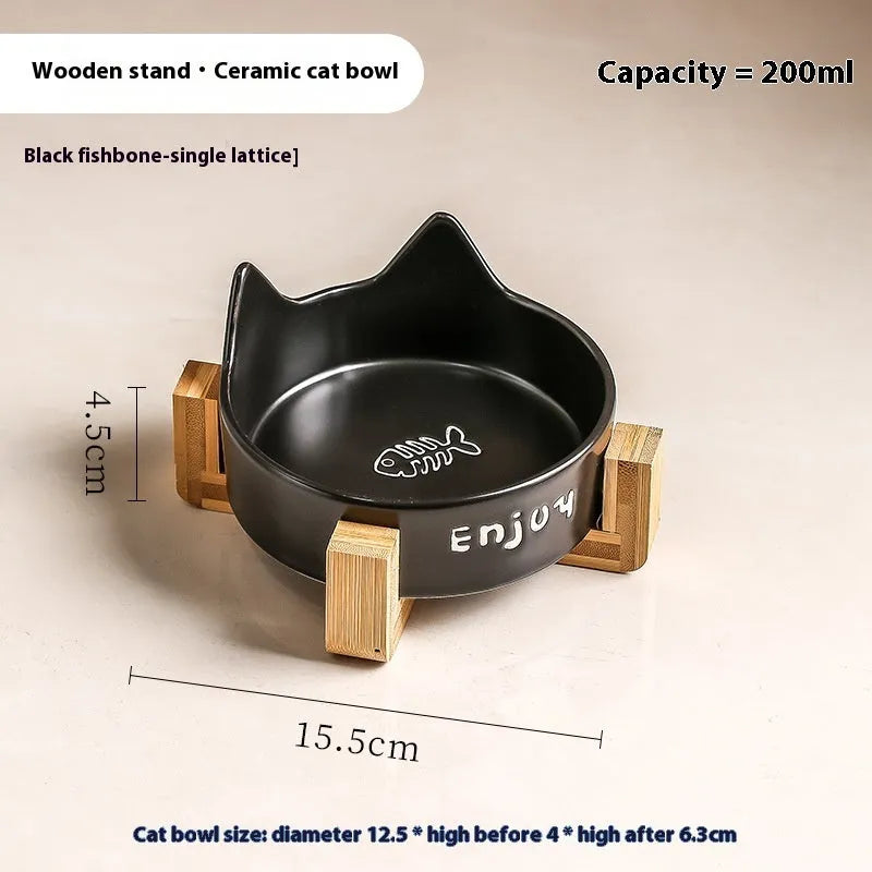 Porcelain cat food and water bowl set with wooden anti-tumble frame in various colours