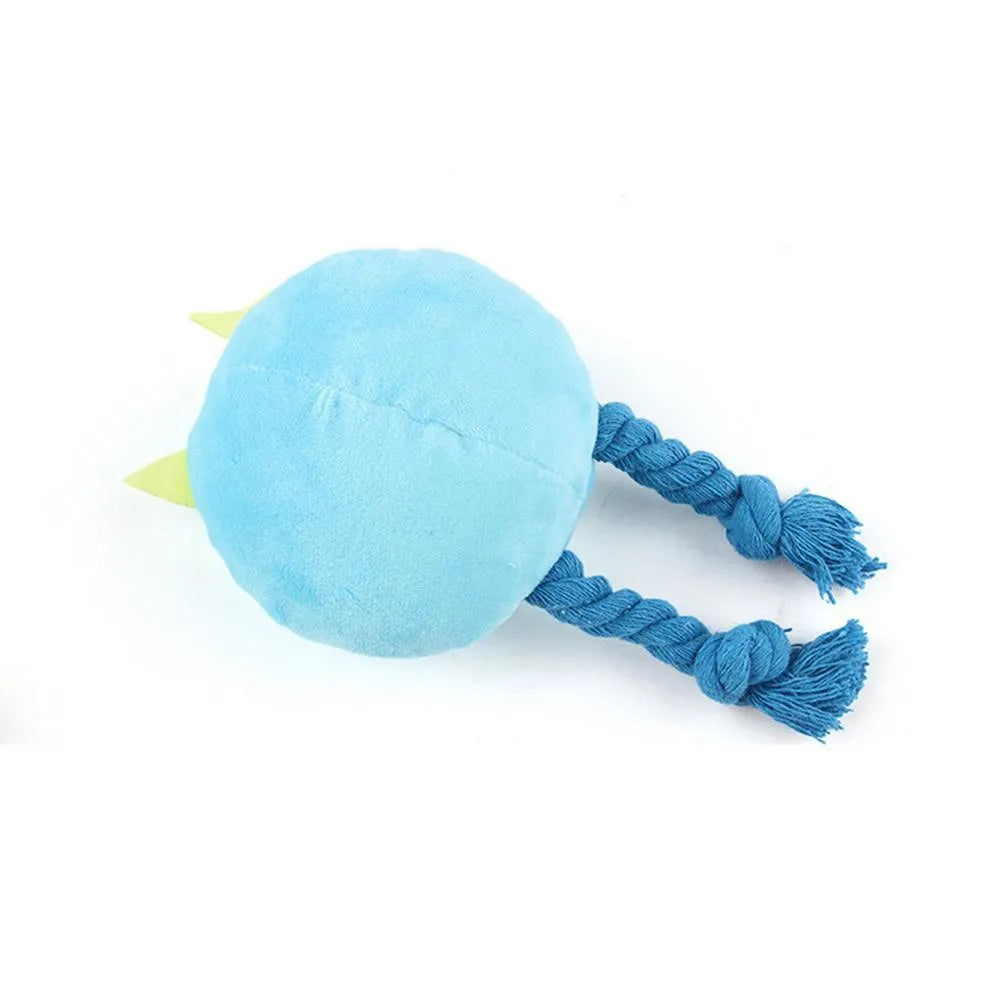 Yellow and blue knotted rope dog squeaky toy with cotton construction