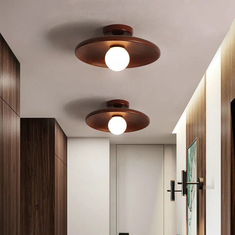 Solid wood ceiling lamp with glass shade in wood colour and walnut colour options