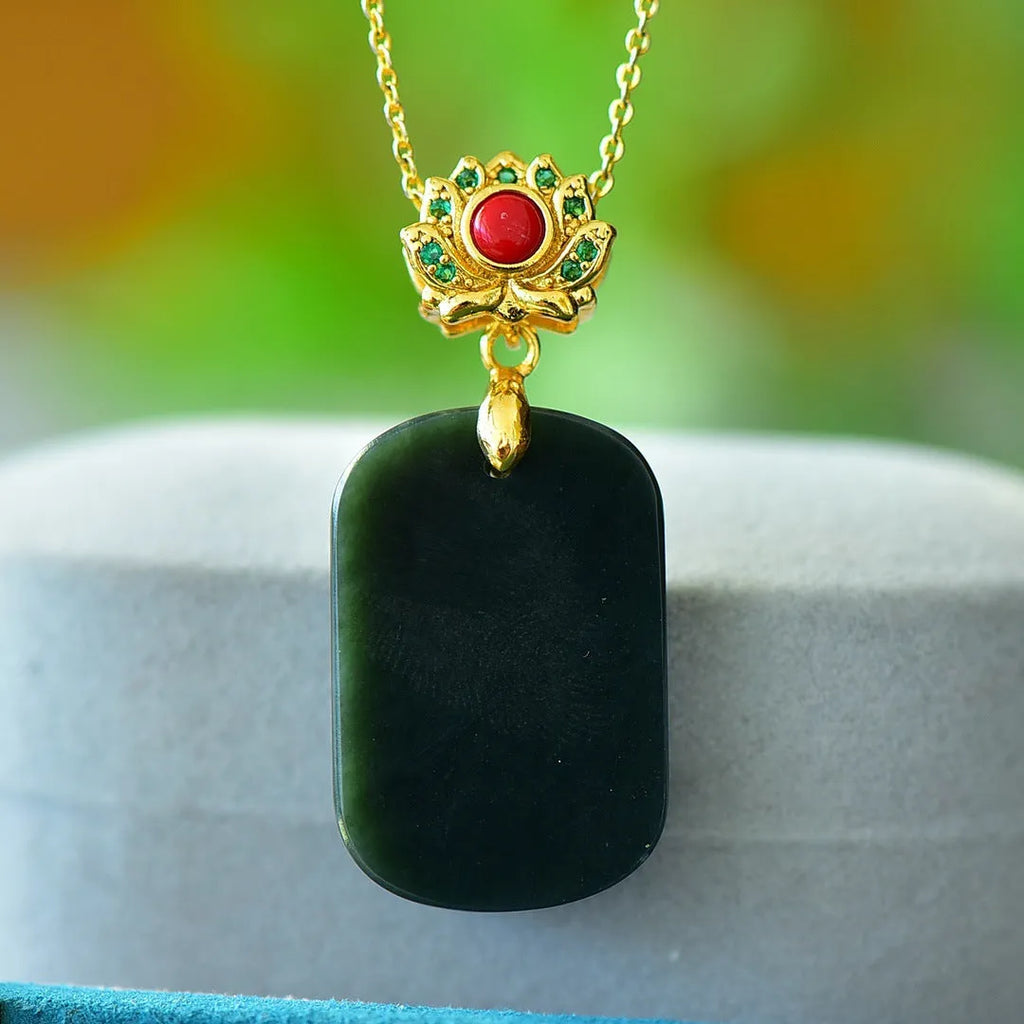 Hetian gray jade pendant with copper inlay on necklace showing ink blue tones in minimalist design