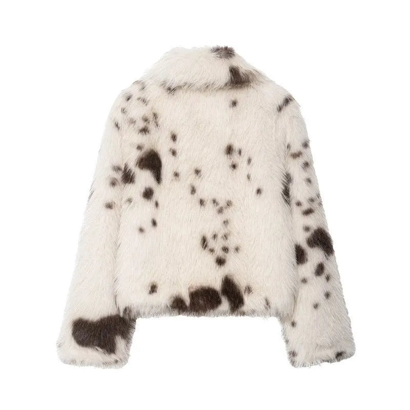 Artificial fur animal pattern coat for women with faux fur collar, brown colour, socialite style