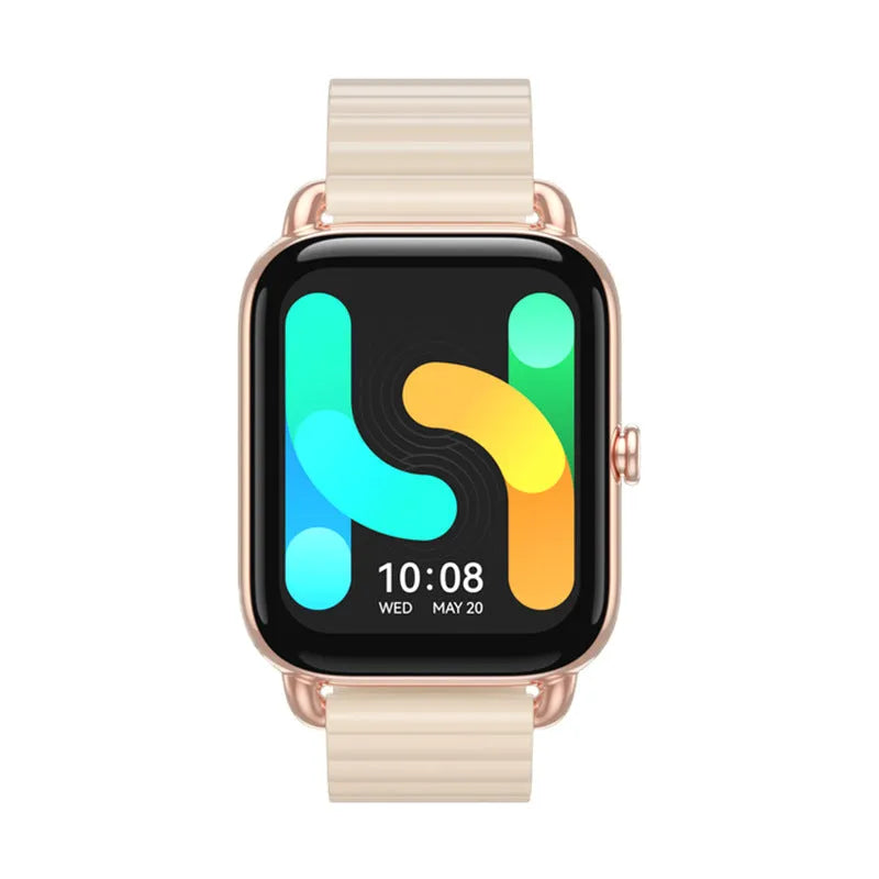 S4PLUS LS11 smart sports watch on wrist showing AMOLED display, available in black, champagne, or silver.