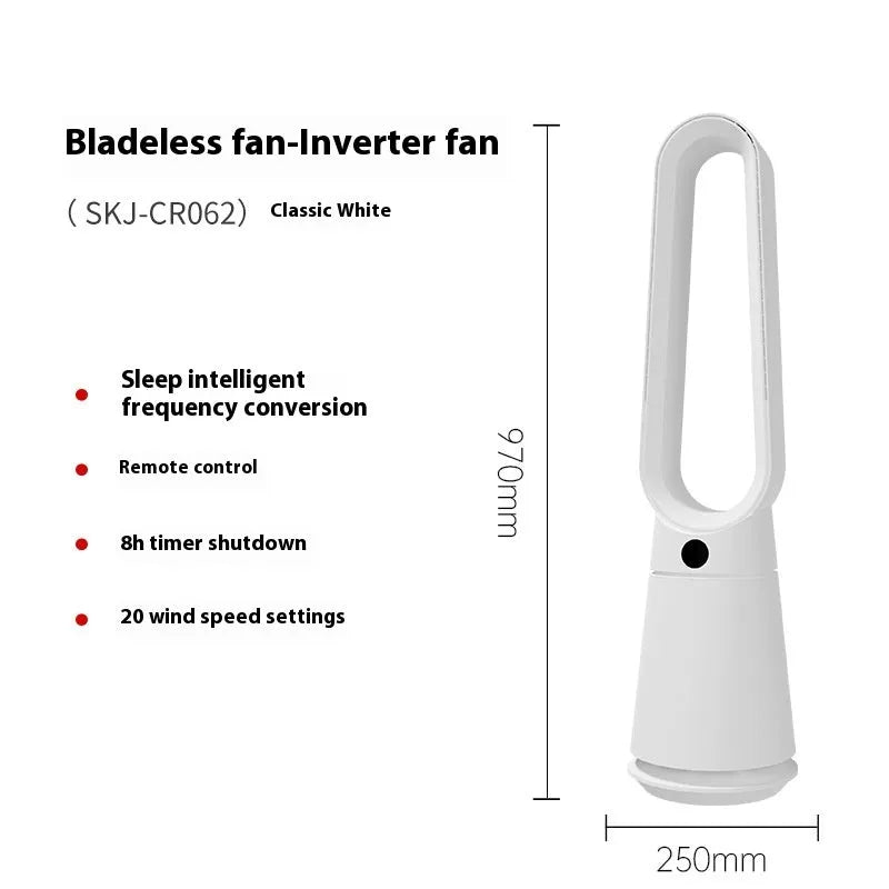 White bladeless tower fan with touch controls and remote on wooden desk