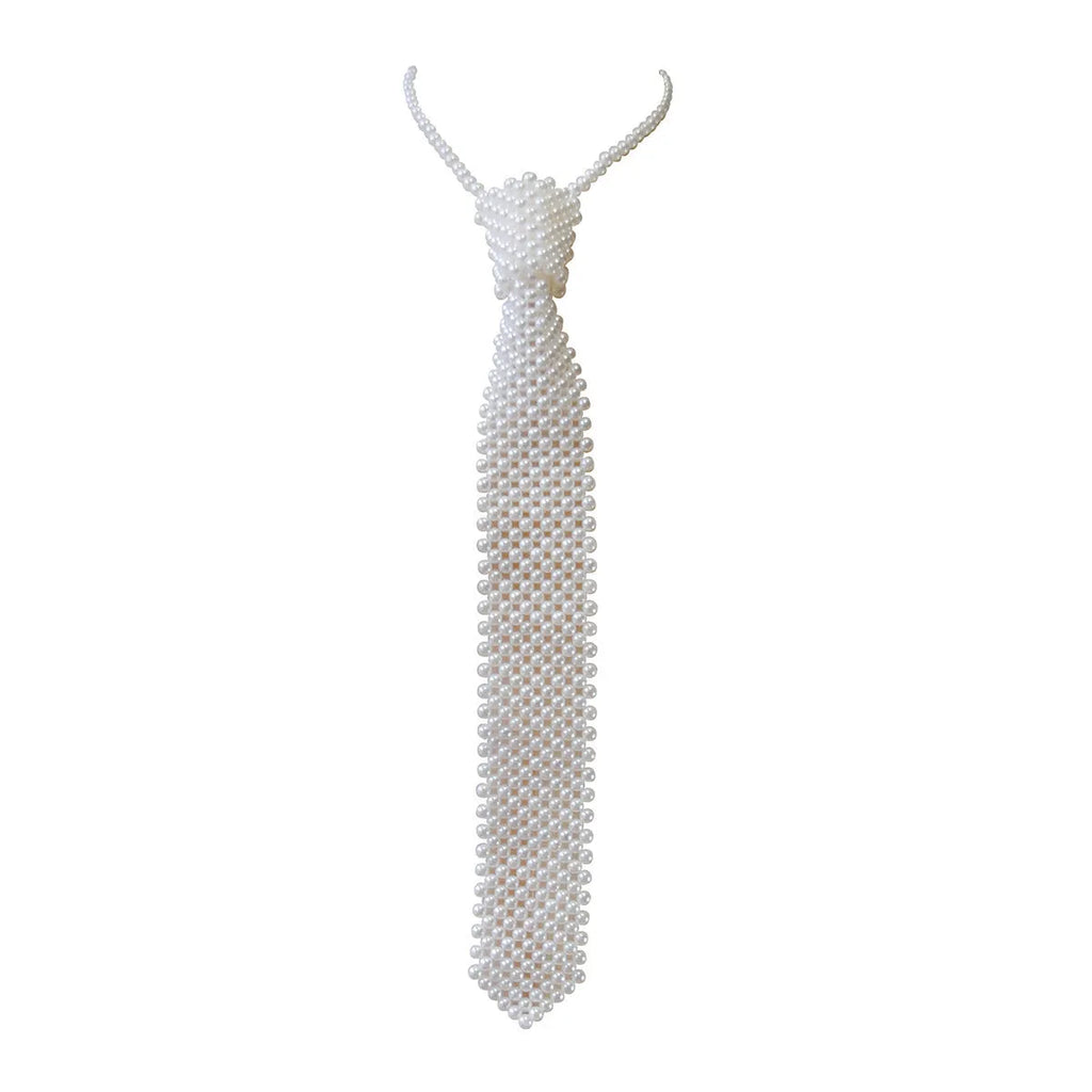Adjustable pearl body chain with hollow-out design and alloy tie clasp in white or black colour