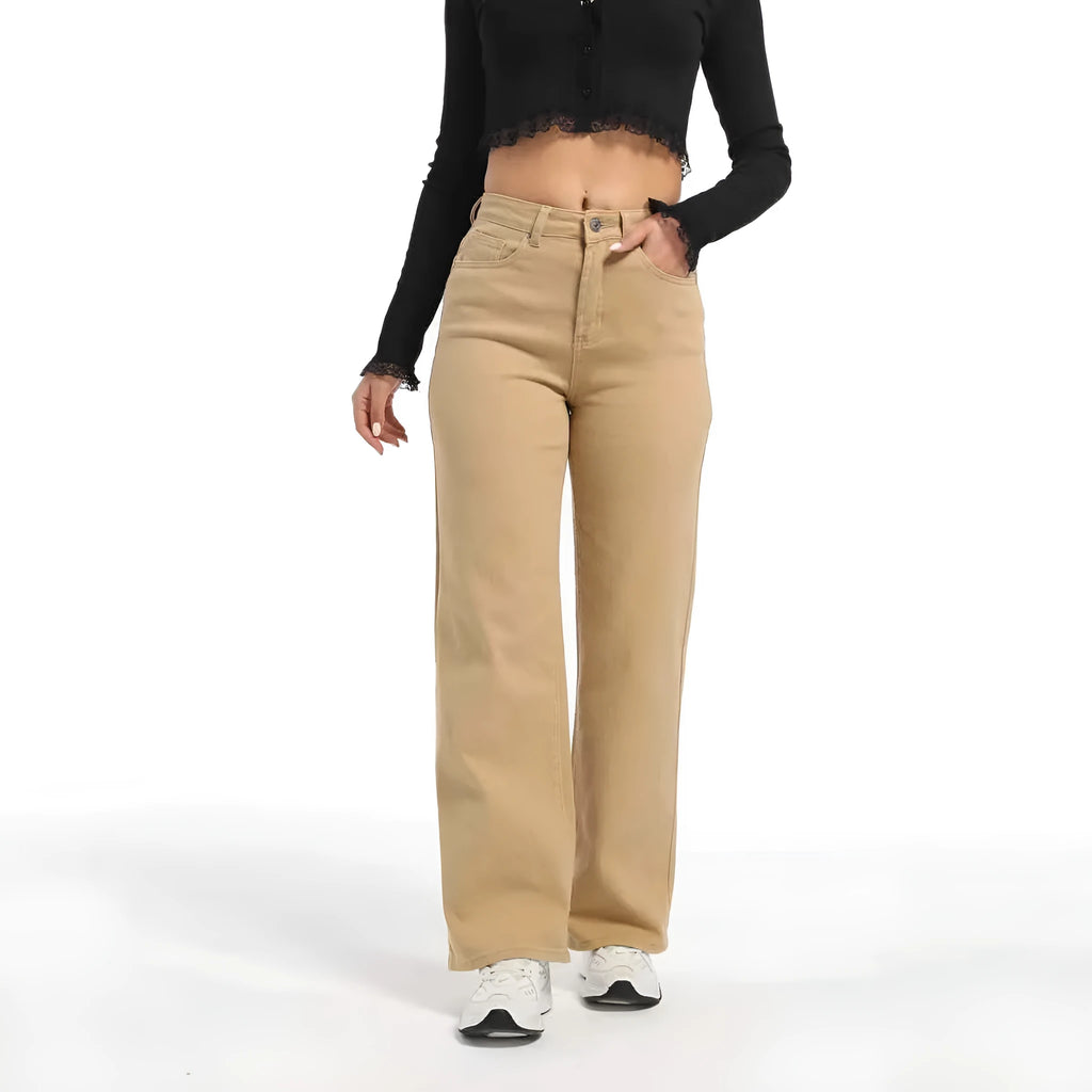 Women's high waist wide leg jeans in apricot colour, made from cotton with high elasticity.