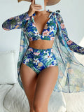 Women's printed three-piece bikini set with bra, shorts and sunscreen shirt in multicolour patterns